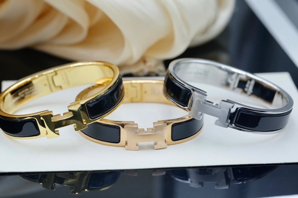 Hermès Black Enamel H-Clasp Bangle in Gold and Silver Tones - album image 2