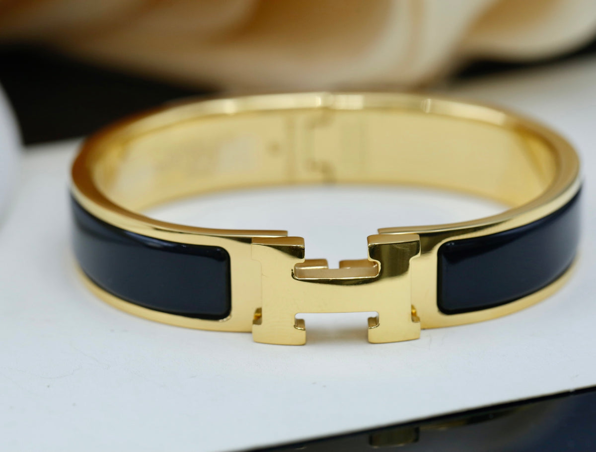 Hermès Black Enamel H-Clasp Bangle in Gold and Silver Tones - album image 6