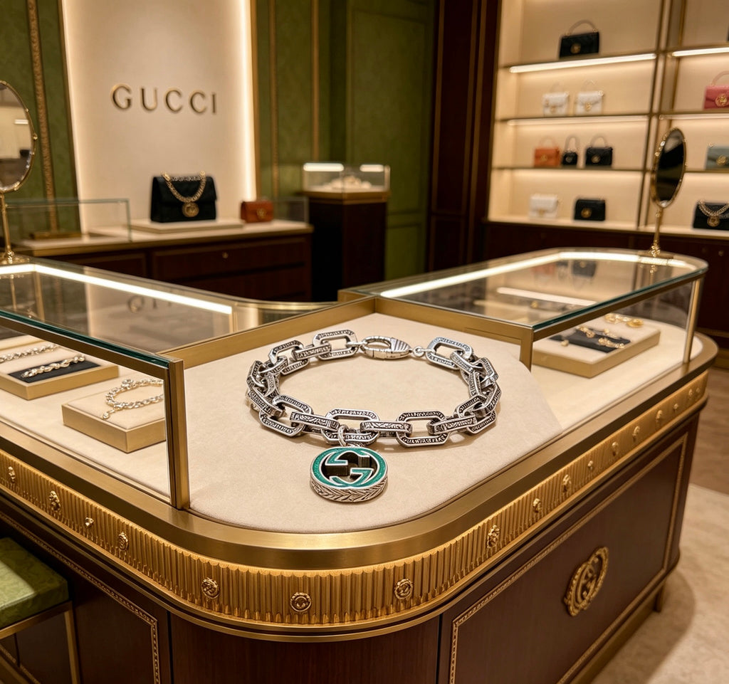 Gucci Silver-Tone Oval Link Bracelet with Blue Circular Charm - album image 5