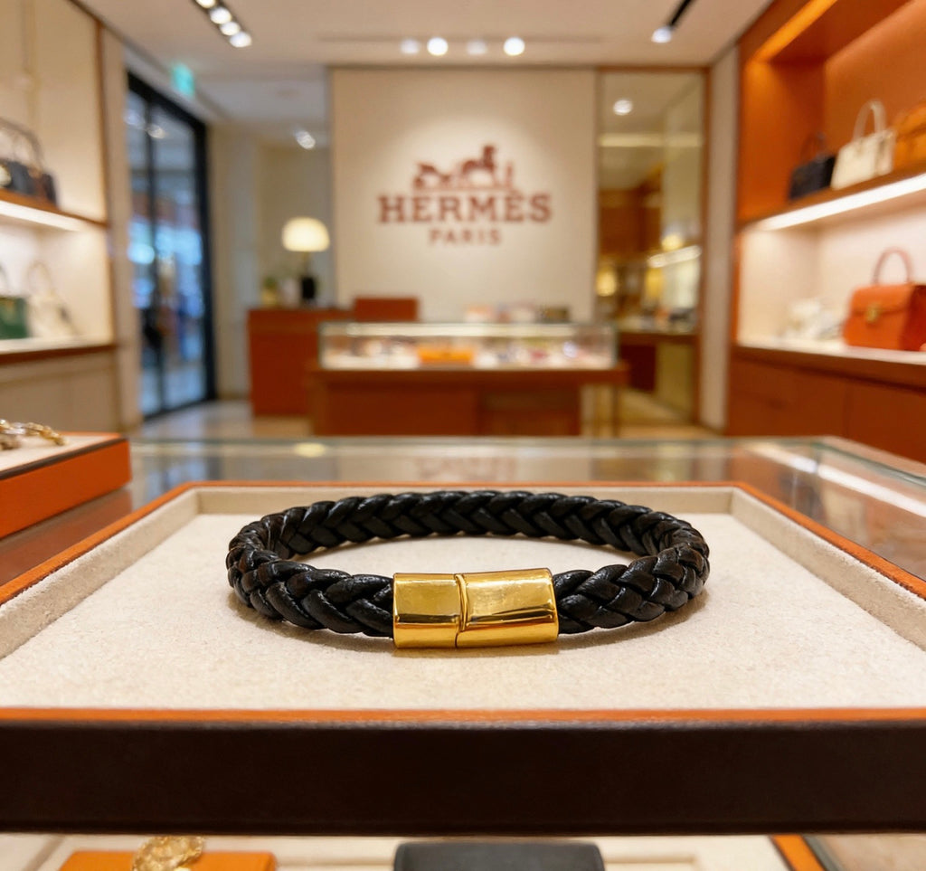 Hermès Black Braided Leather Gold-Tone Bar Bracelet - album image 1