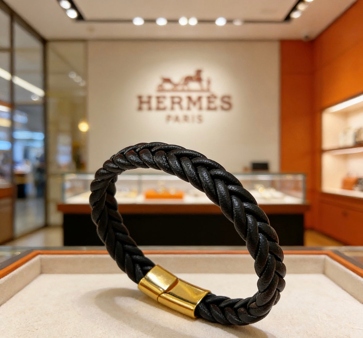 Hermès Black Braided Leather Gold-Tone Bar Bracelet - album image 2