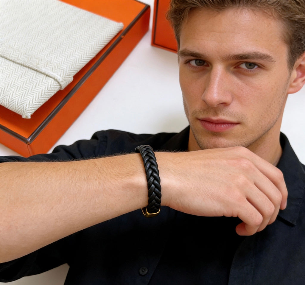 Hermès Black Braided Leather Gold-Tone Bar Bracelet - album image 3