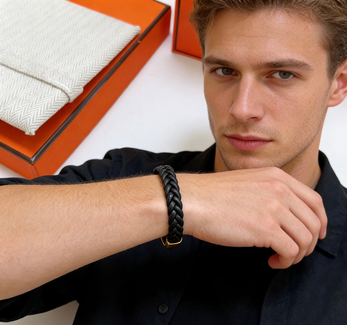 Hermès Black Braided Leather Gold-Tone Bar Bracelet - album image 3