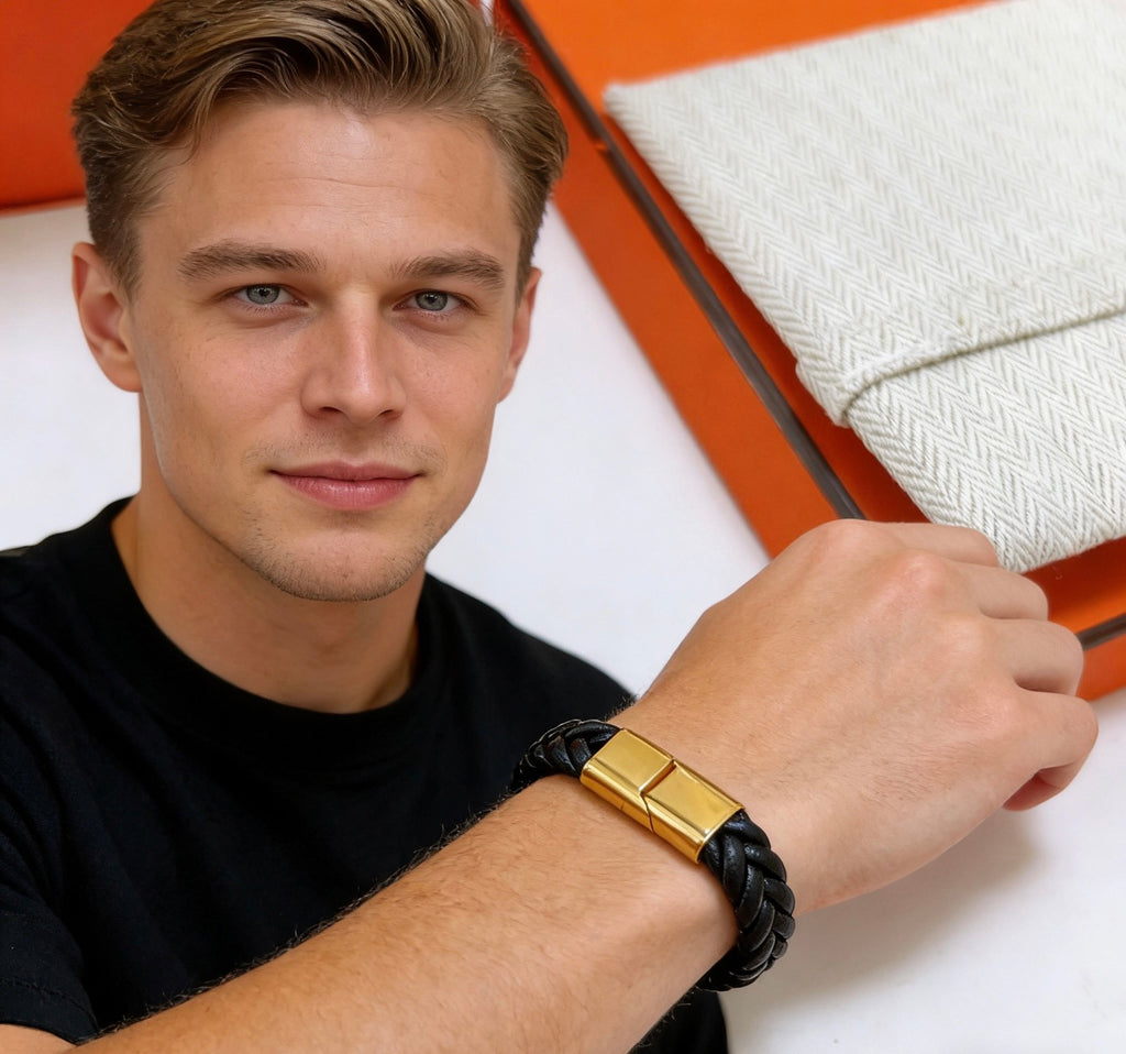 Hermès Black Braided Leather Gold-Tone Bar Bracelet - album image 9
