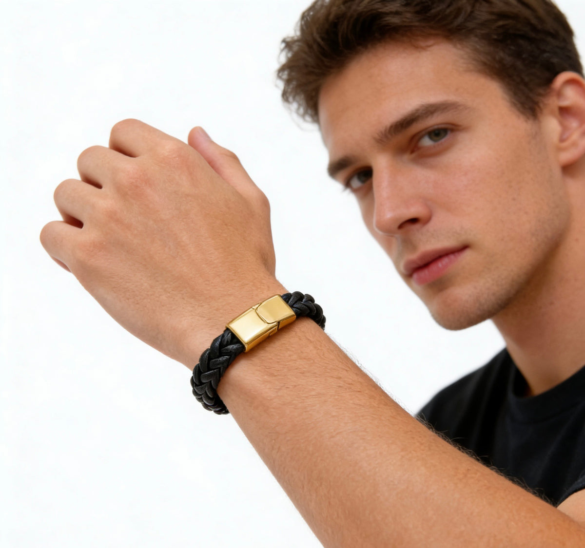 Hermès Black Braided Leather Gold-Tone Bar Bracelet - album image 6