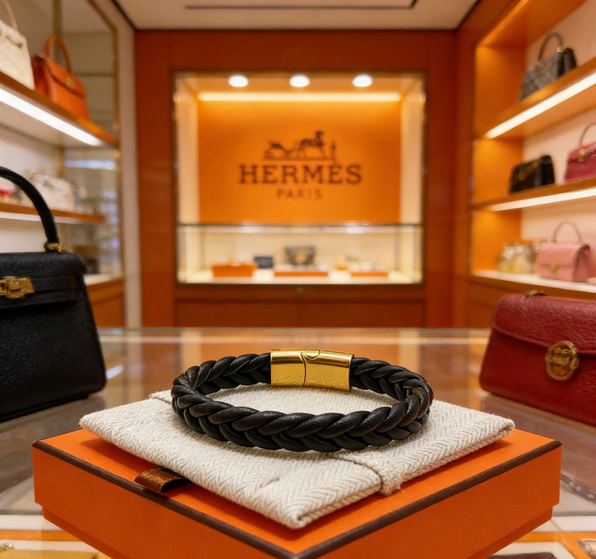 Hermès Black Braided Leather Gold-Tone Bar Bracelet - album image 7