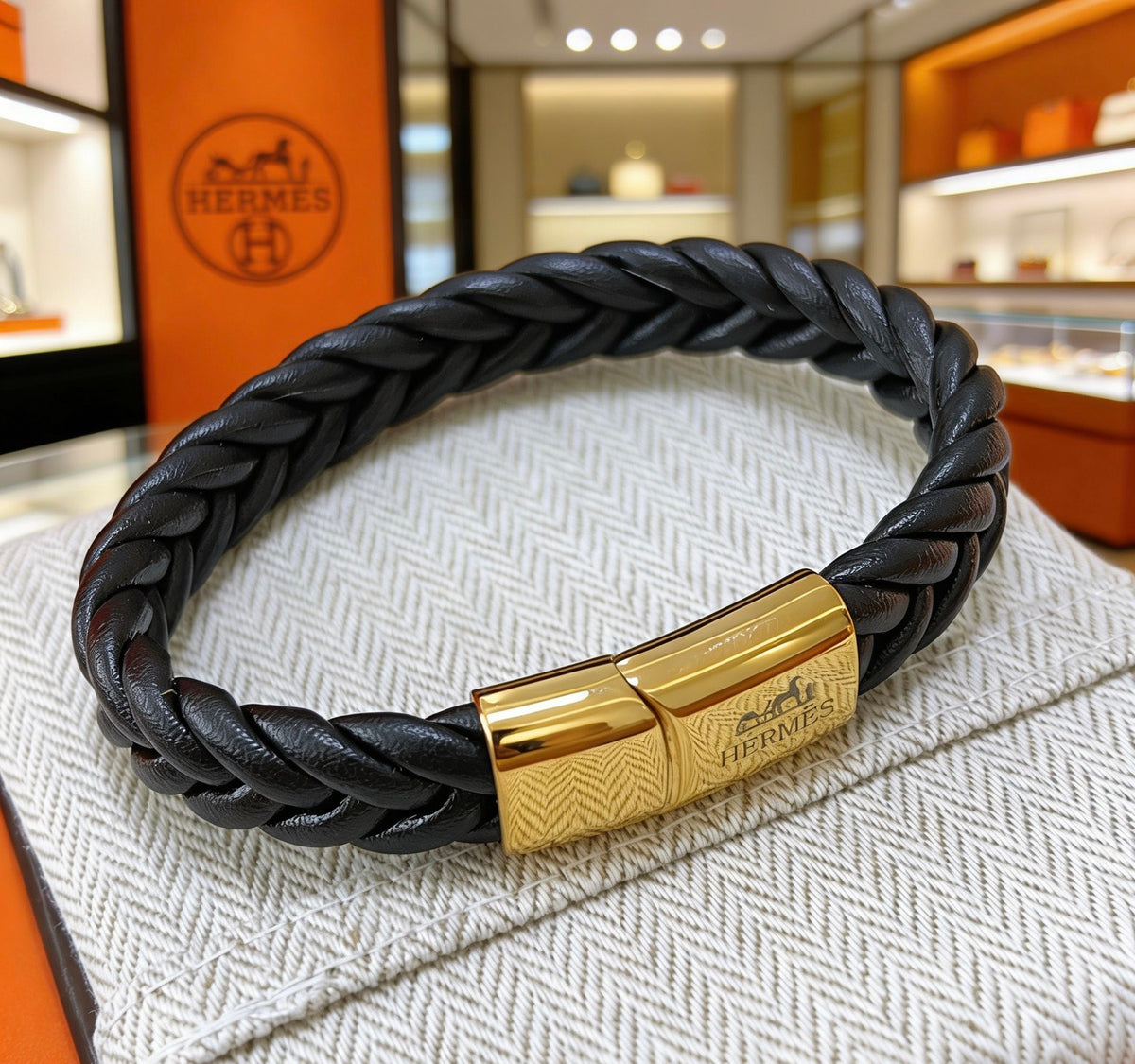 Hermès Black Braided Leather Gold-Tone Bar Bracelet - album image 8