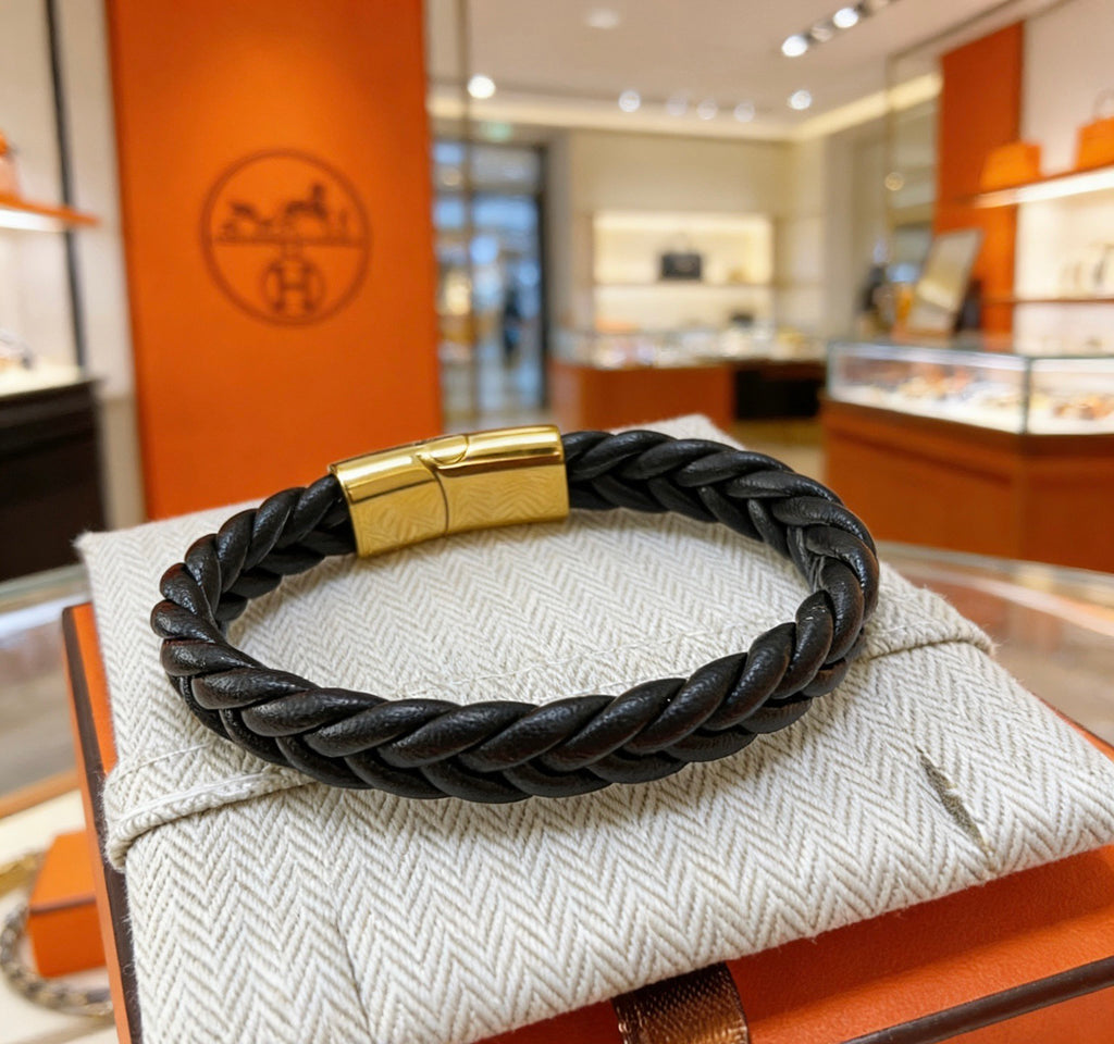 Hermès Black Braided Leather Gold-Tone Bar Bracelet - album image 5