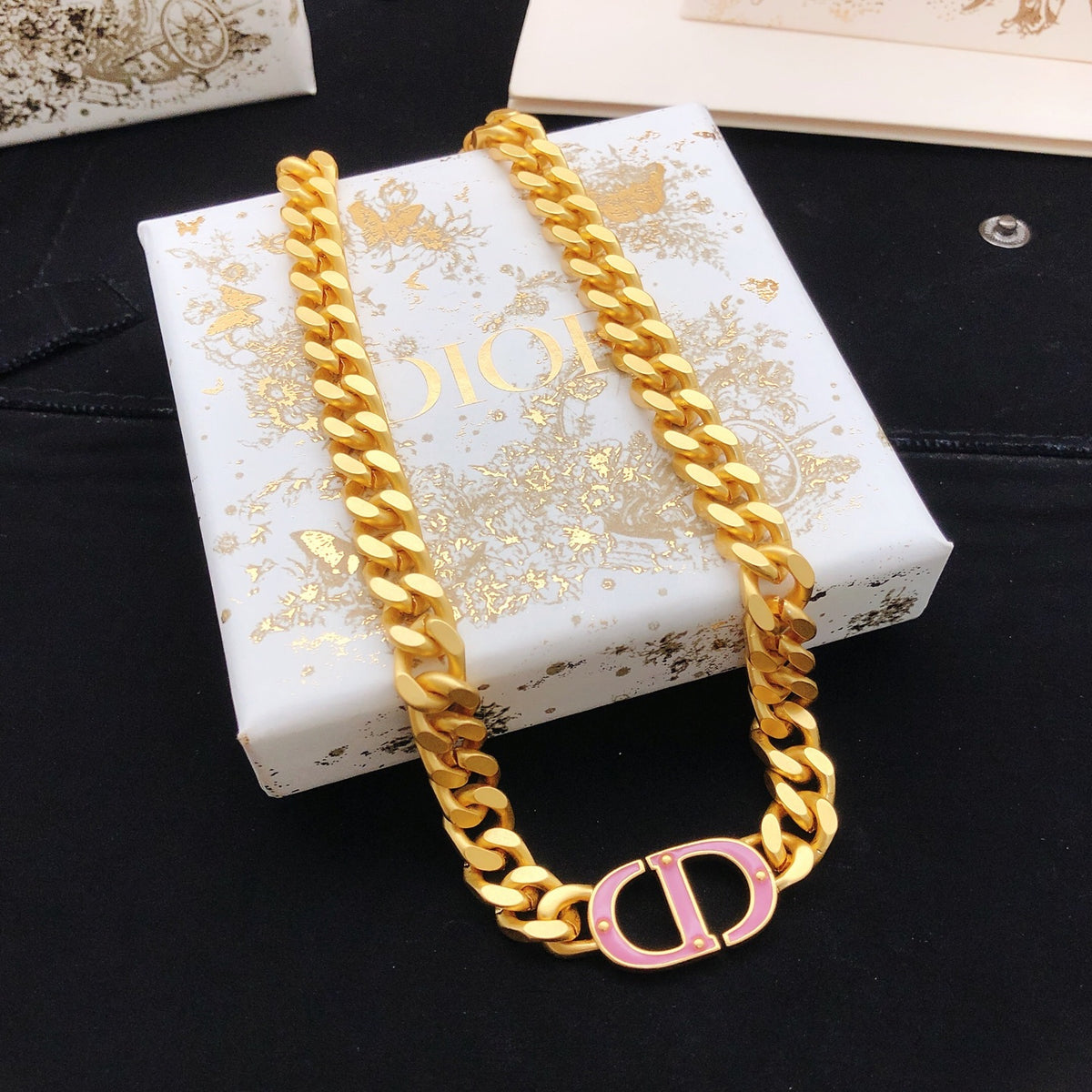 Dior Gold-Tone Pink CD Curb Necklace - product image 1