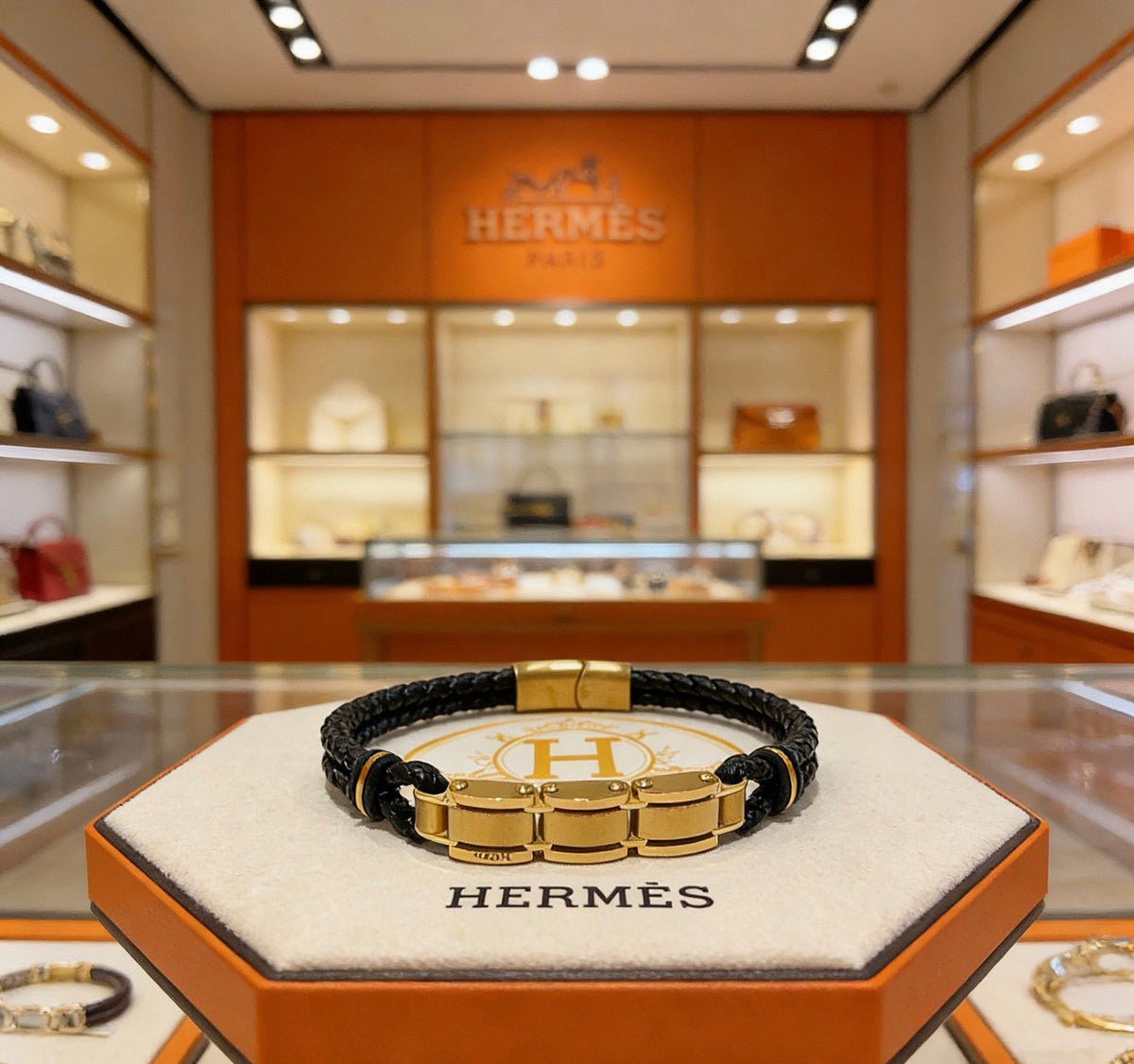 Hermès Black Leather Silver-Tone Turn-Lock Cuff Bracelet - album image 1