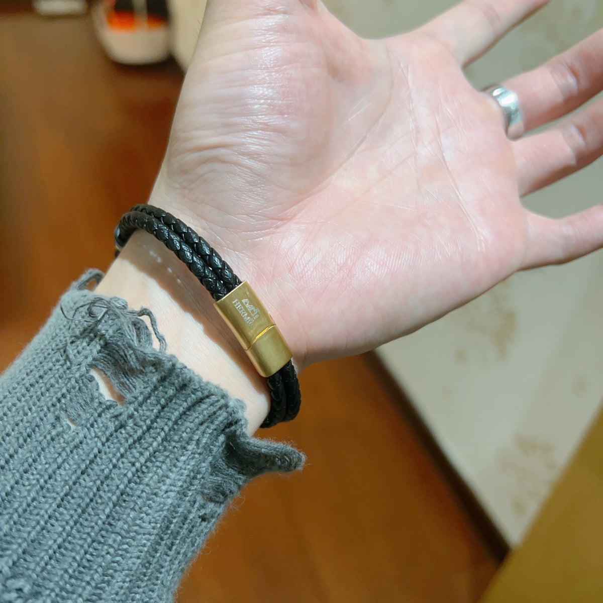 Hermès Black Leather Silver-Tone Turn-Lock Cuff Bracelet - album image 4