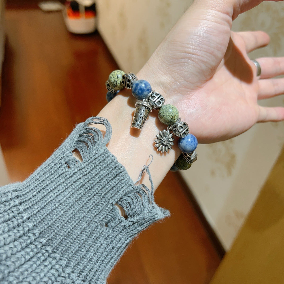 Balenciaga Green and Blue Bead Charm Bracelet - album image 4