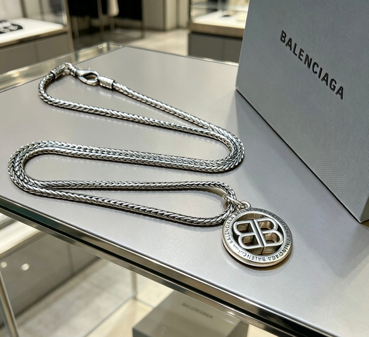 Balenciaga Silver-Tone Circular BB Pendant Necklace - album image 4