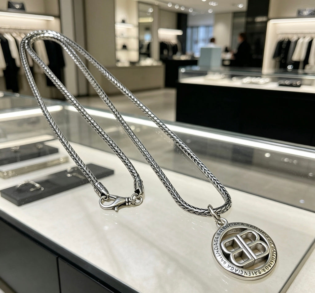 Balenciaga Silver-Tone Circular BB Pendant Necklace - album image 2