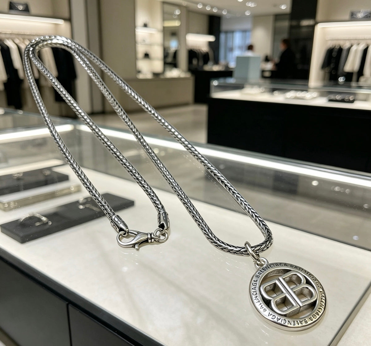 Balenciaga Silver-Tone Circular BB Pendant Necklace - album image 2