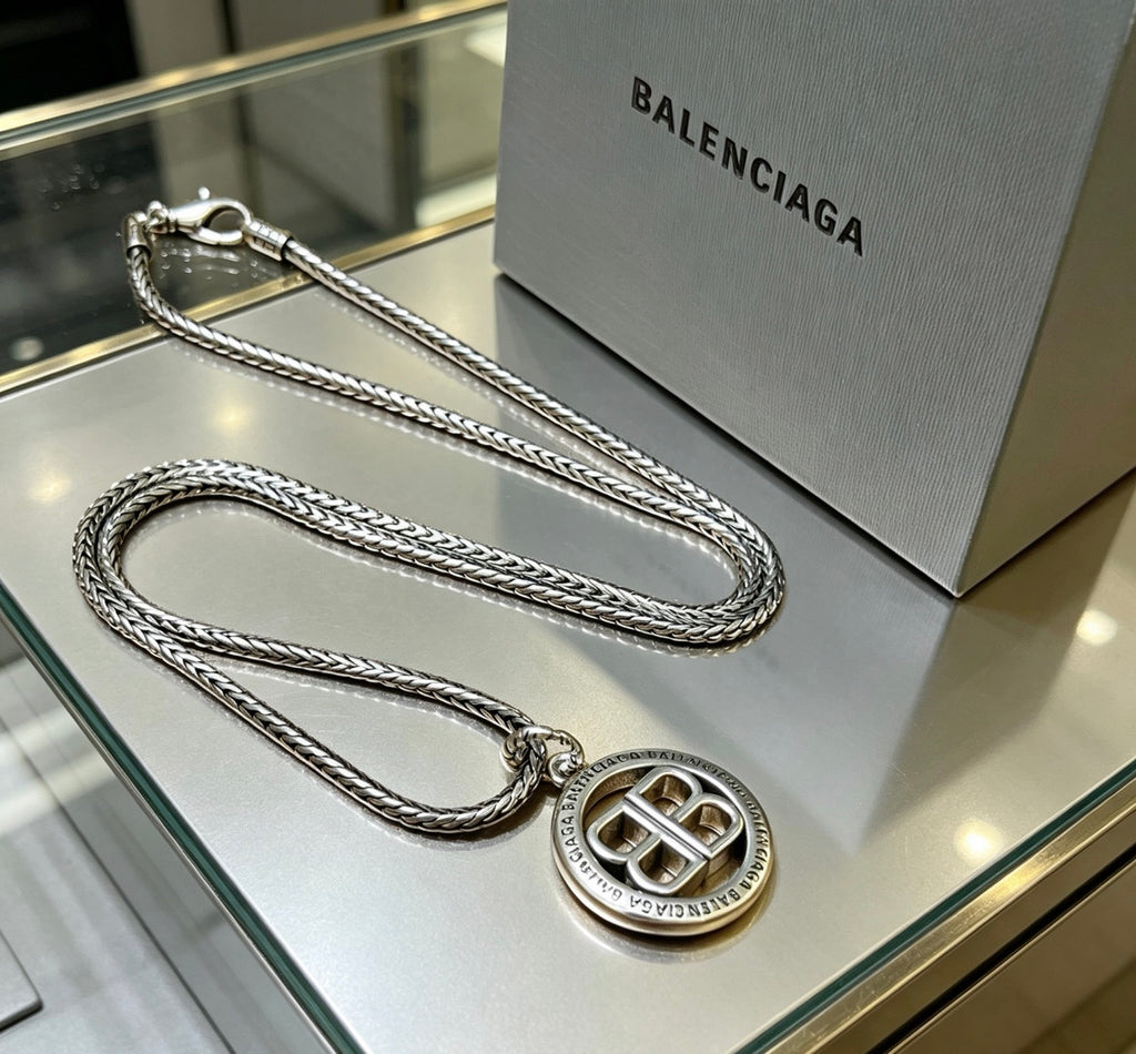 Balenciaga Silver-Tone Circular BB Pendant Necklace - album image 1