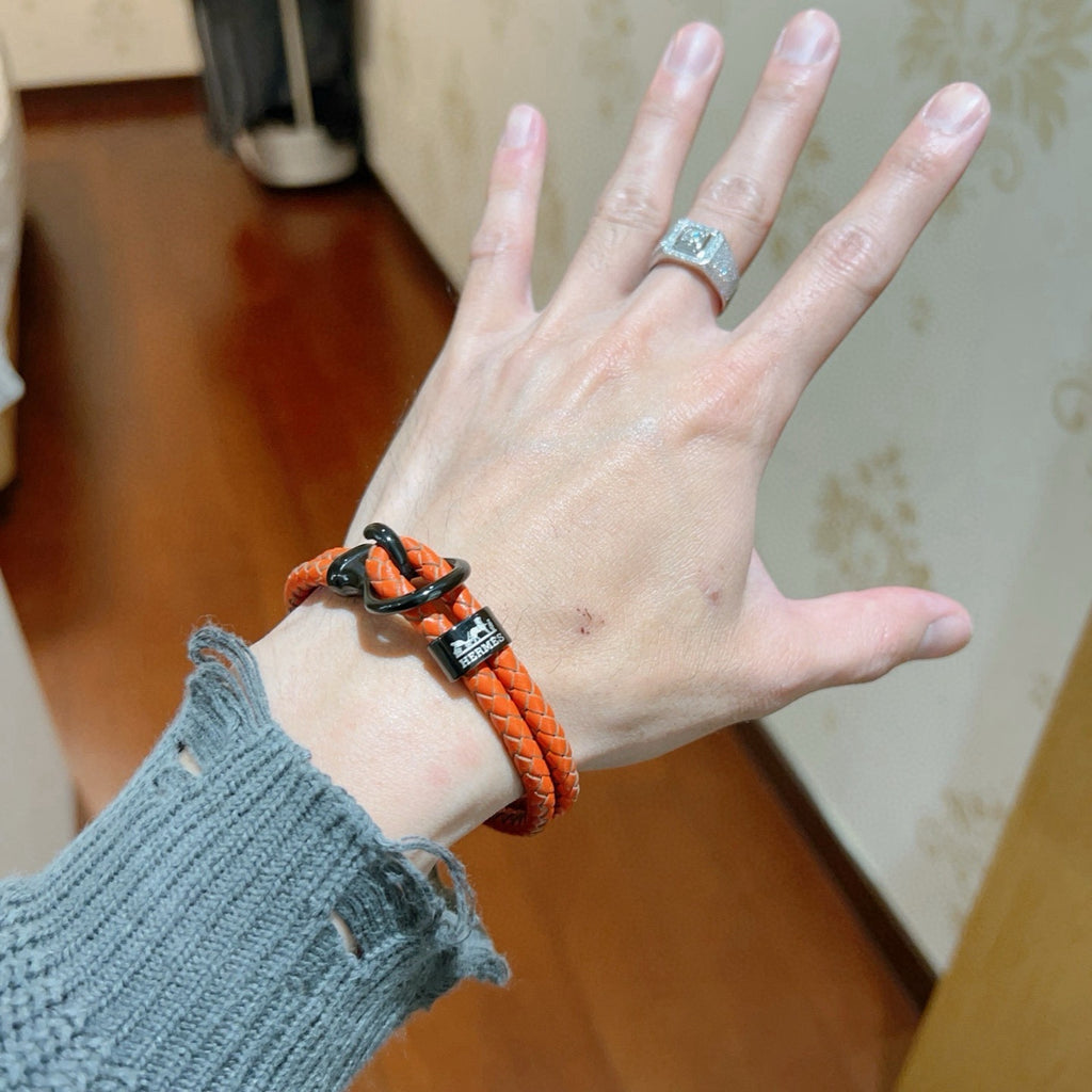 Hermès Orange Braided Leather Silver-Tone Bar Bracelet - album image 7