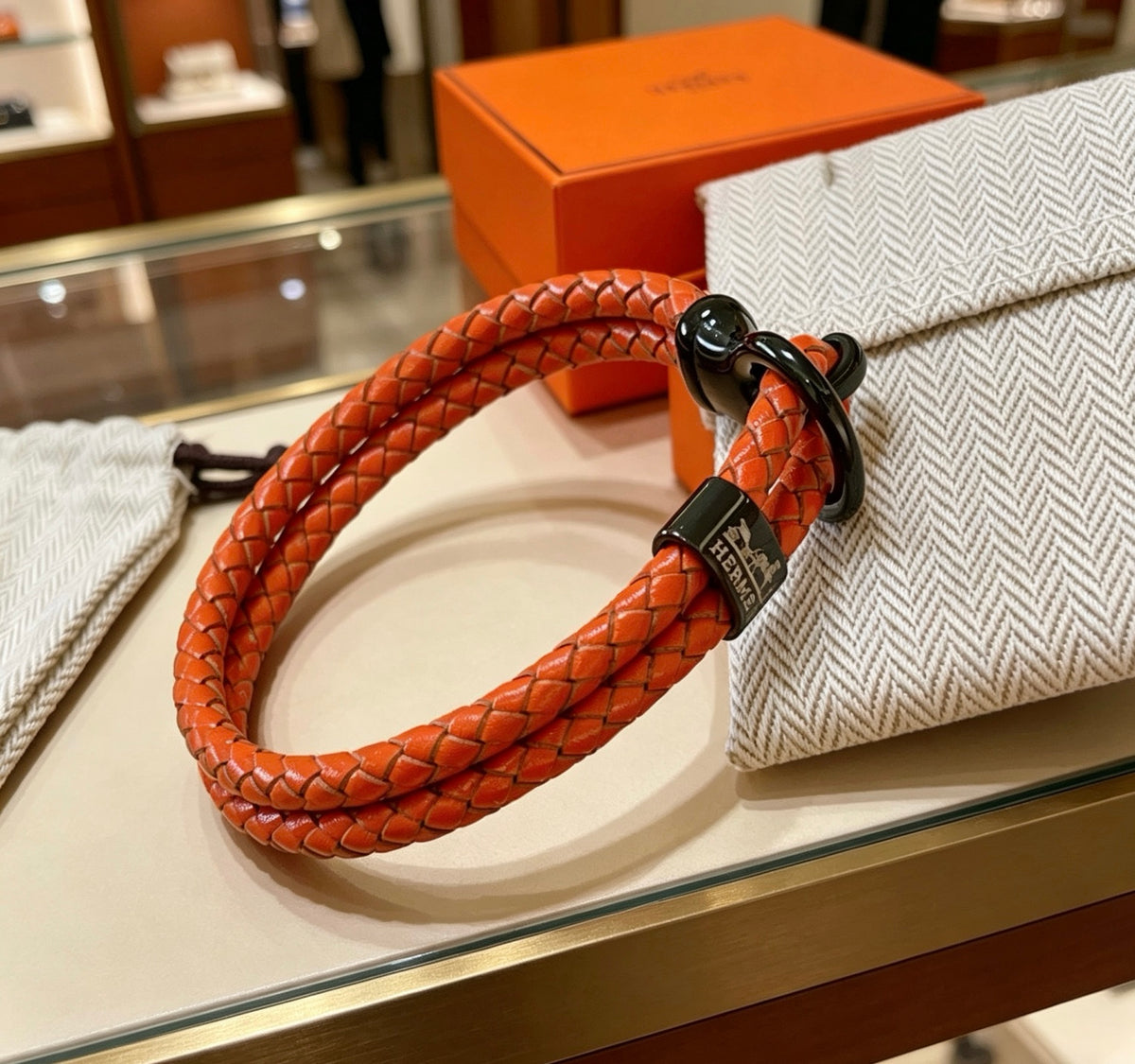 Hermès Orange Braided Leather Silver-Tone Bar Bracelet - album image 8