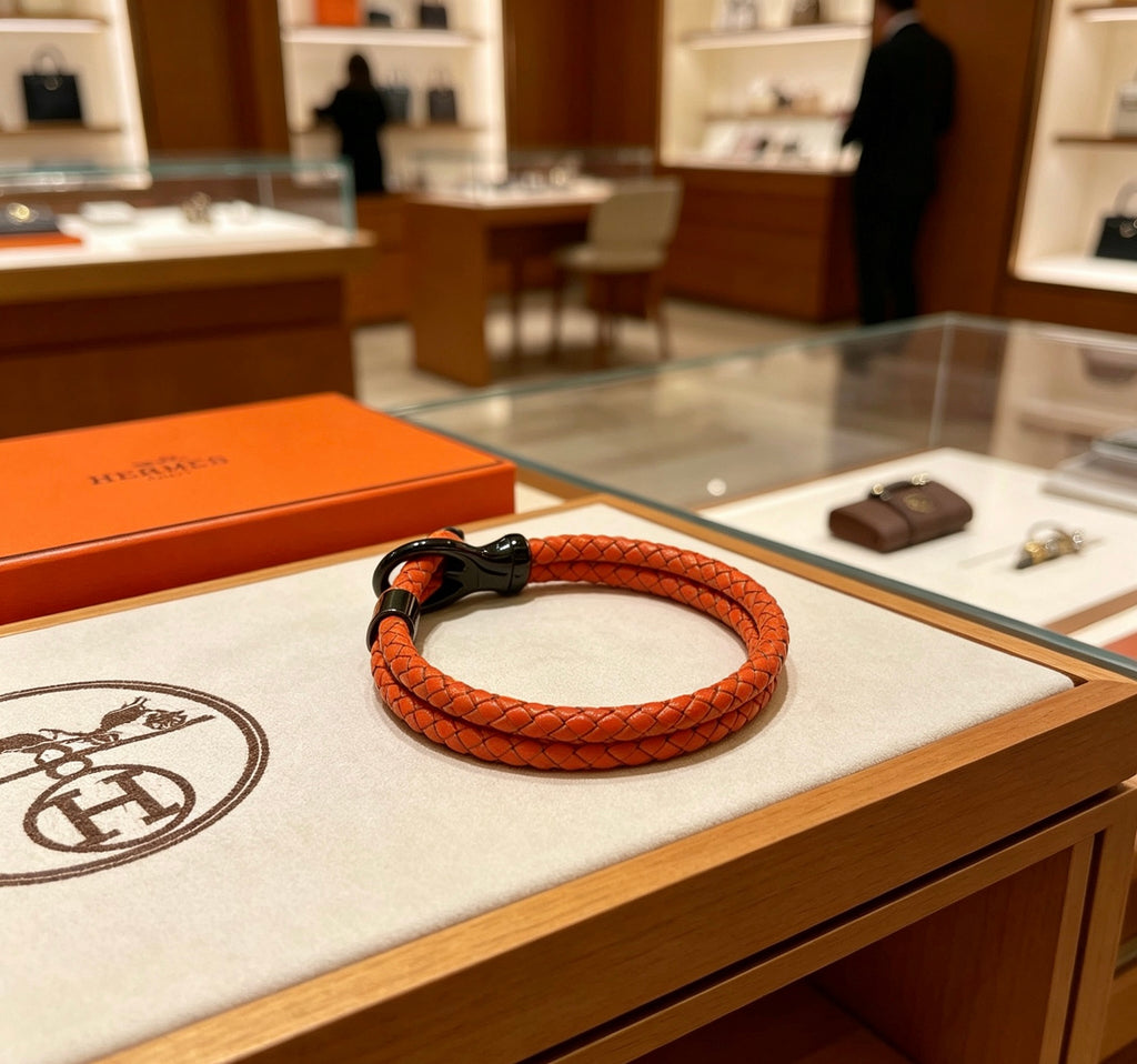 Hermès Orange Braided Leather Silver-Tone Bar Bracelet - album image 2