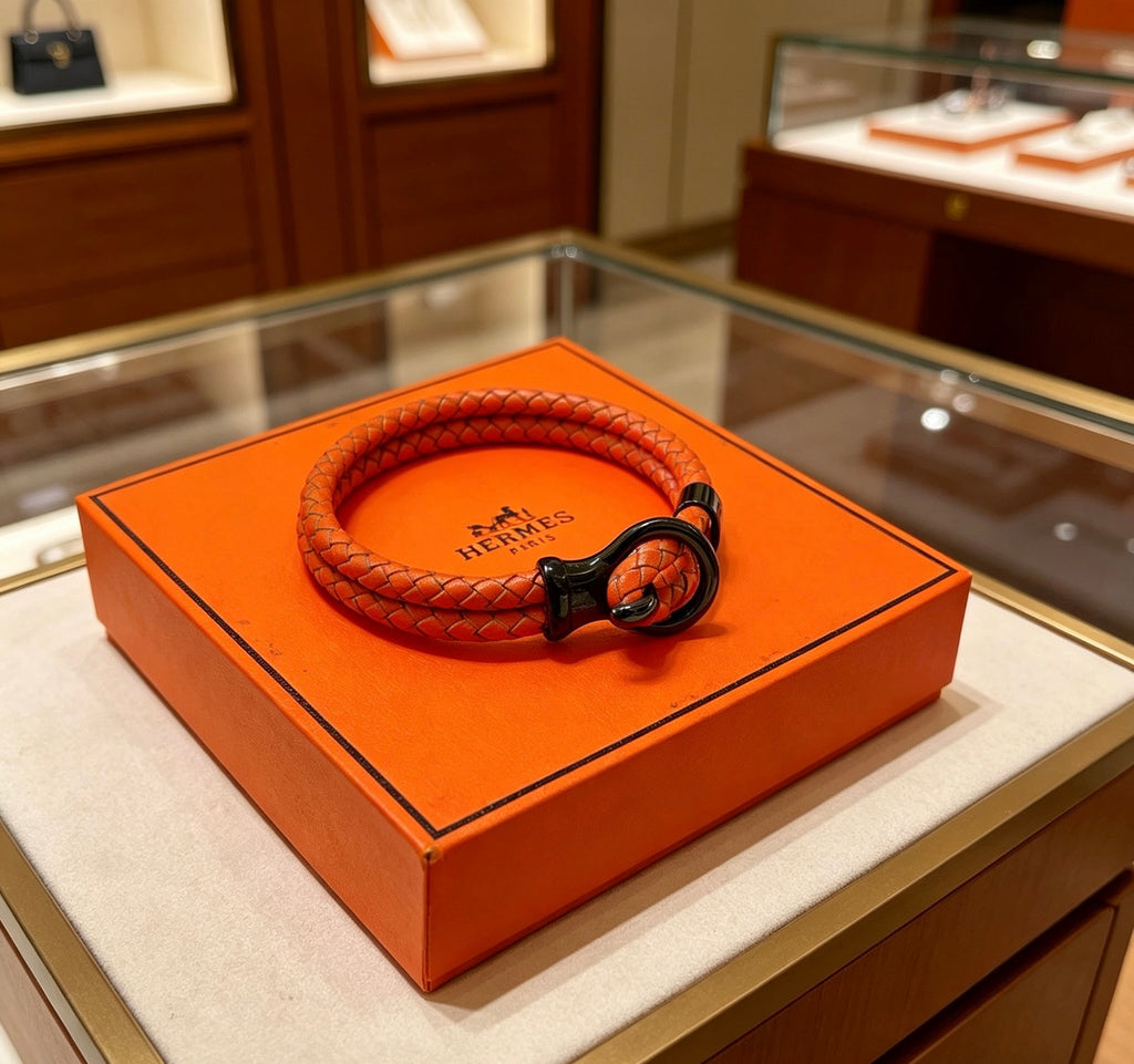 Hermès Orange Braided Leather Silver-Tone Bar Bracelet - album image 9