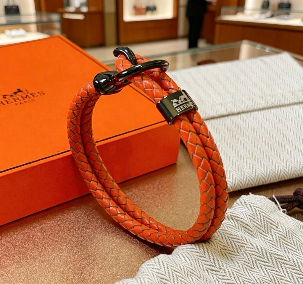 Hermès Orange Braided Leather Silver-Tone Bar Bracelet - album image 6
