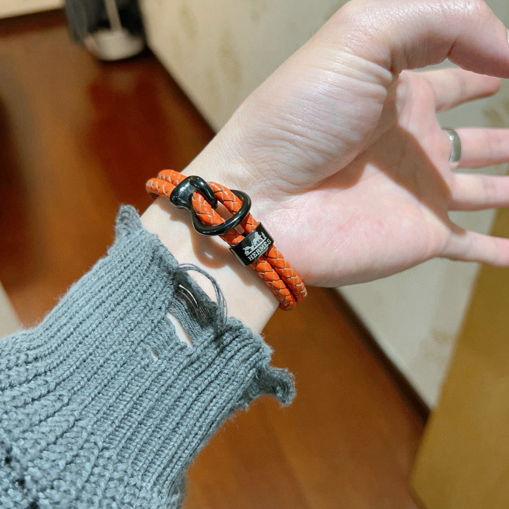 Hermès Orange Braided Leather Silver-Tone Bar Bracelet - album image 4
