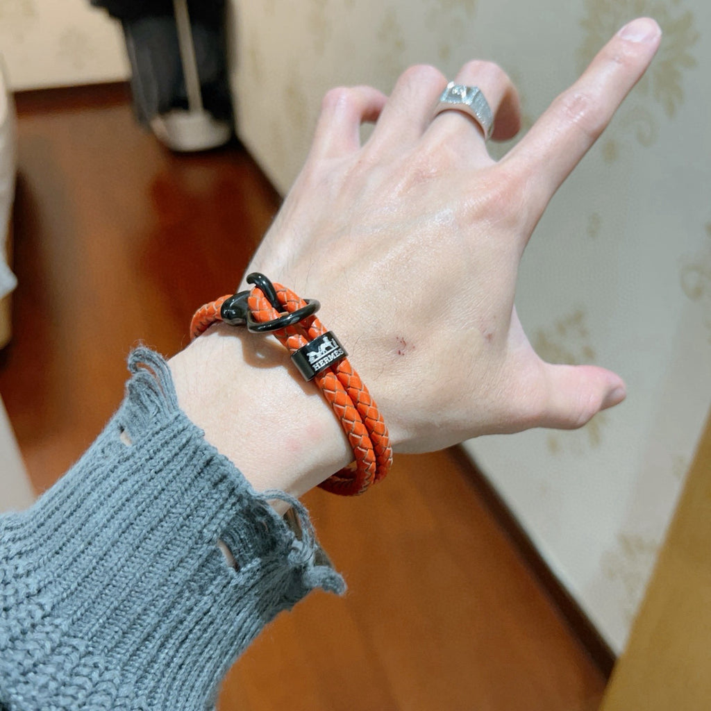 Hermès Orange Braided Leather Silver-Tone Bar Bracelet - album image 3