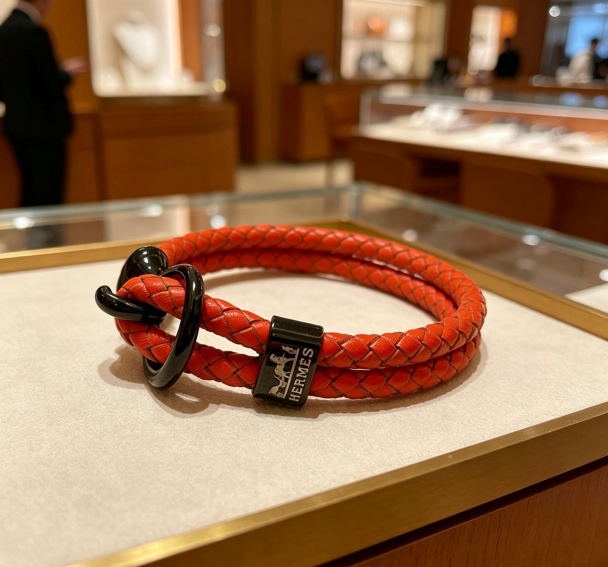Hermès Orange Braided Leather Silver-Tone Bar Bracelet - album image 5