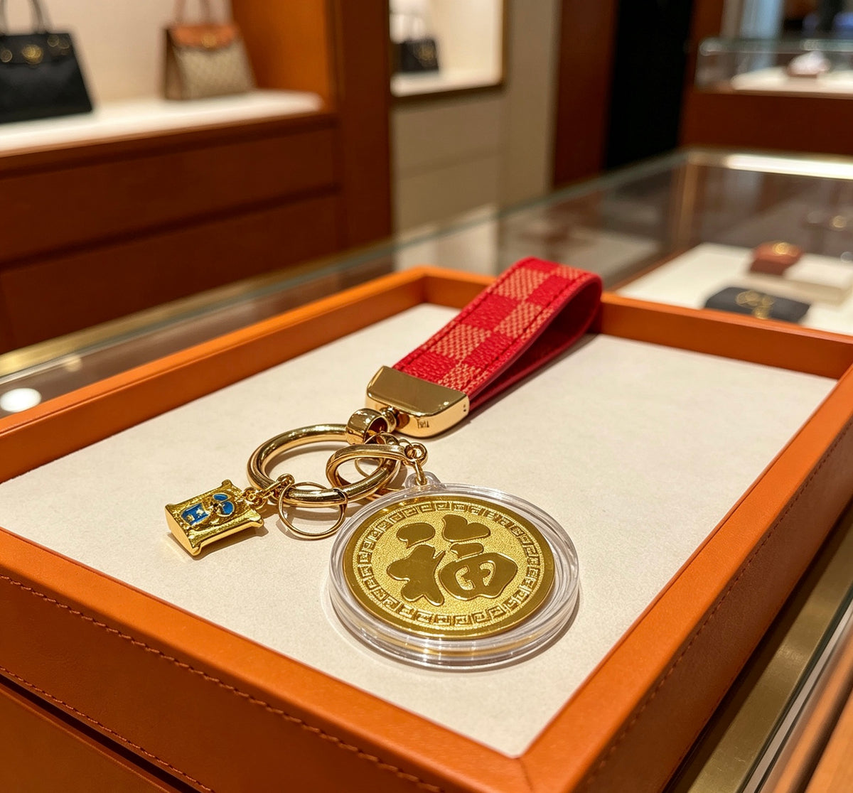 Hermès Gold-Tone H Medallion Keychain with Brown Strap - album image 2