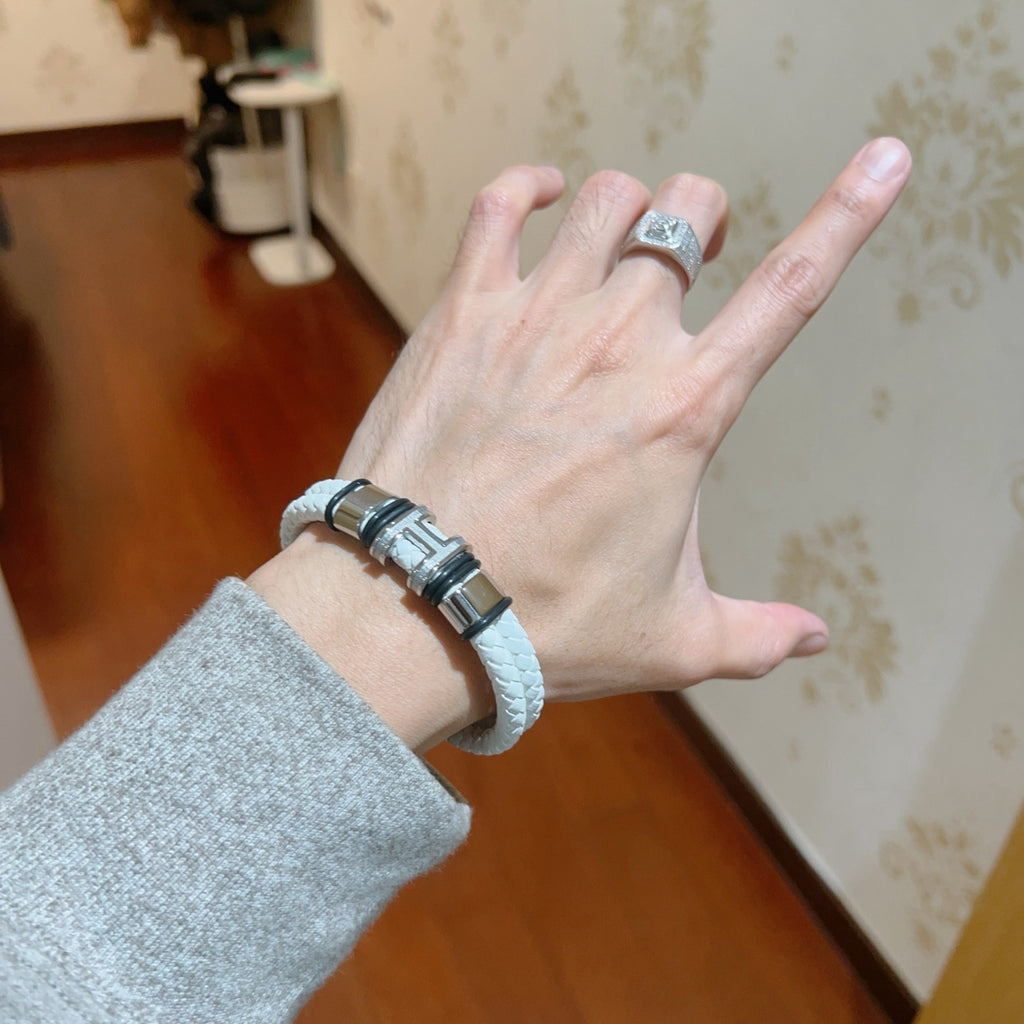 Hermès White Braided Leather Silver-Tone Bar Bracelet - album image 7