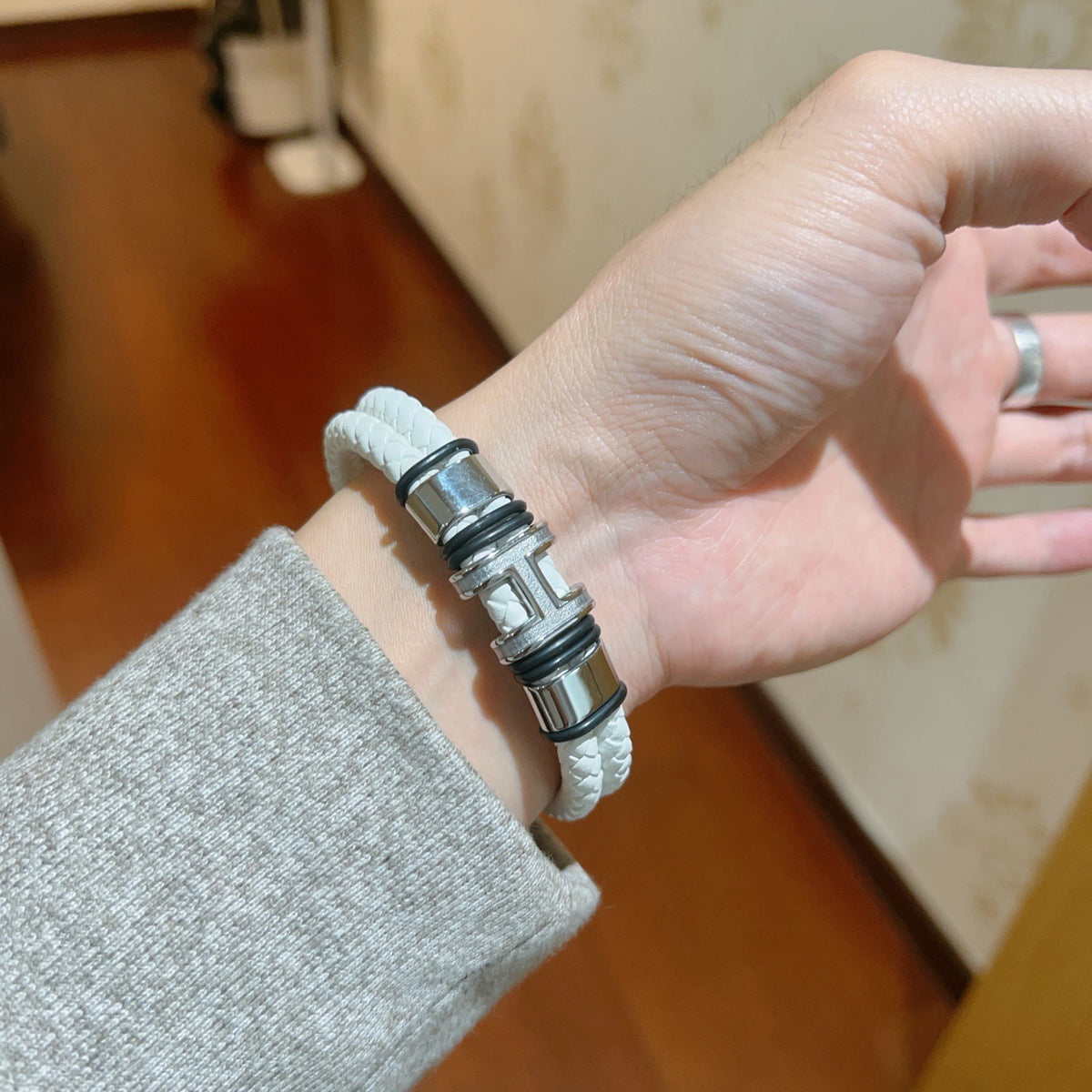 Hermès White Braided Leather Silver-Tone Bar Bracelet - album image 4