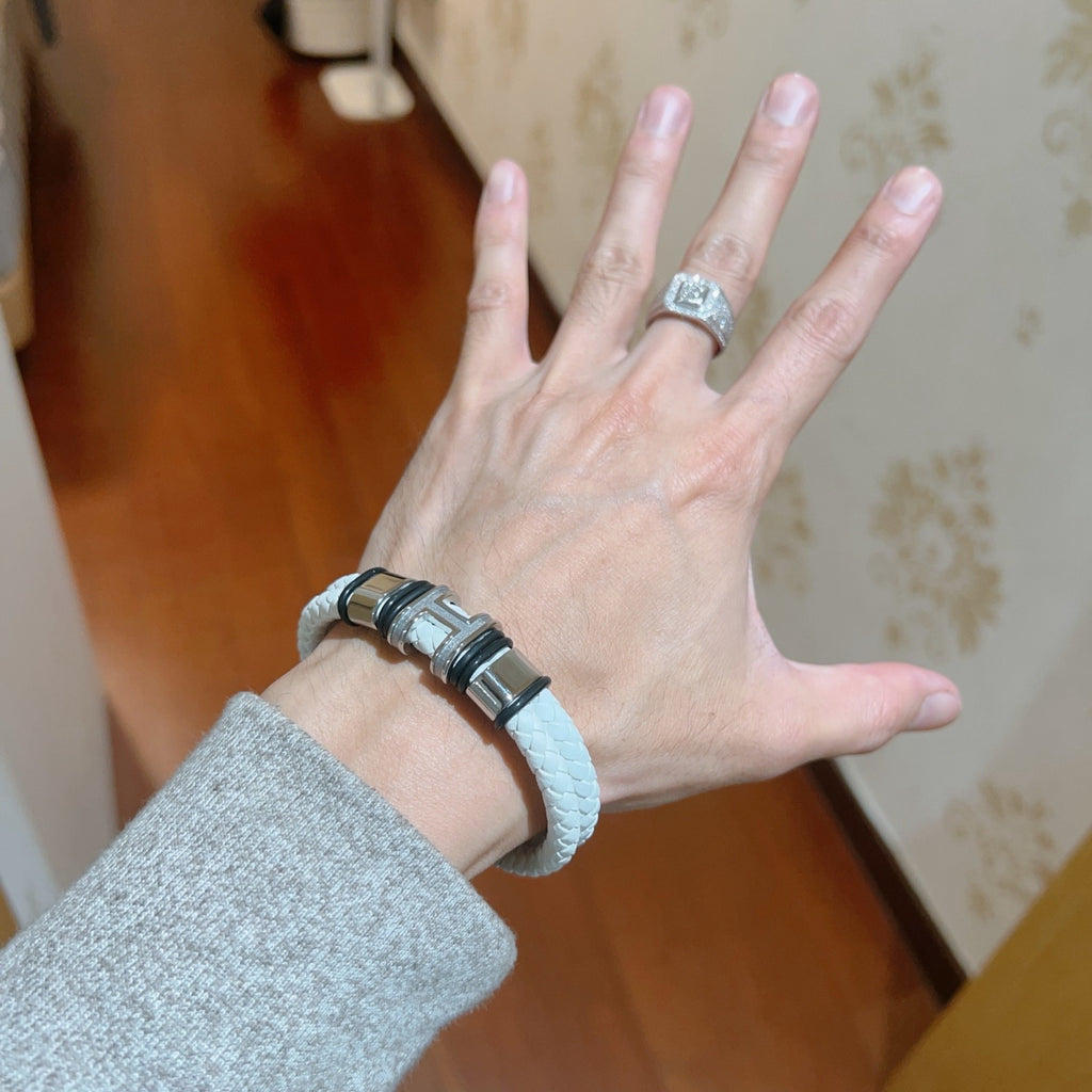 Hermès White Braided Leather Silver-Tone Bar Bracelet - album image 3