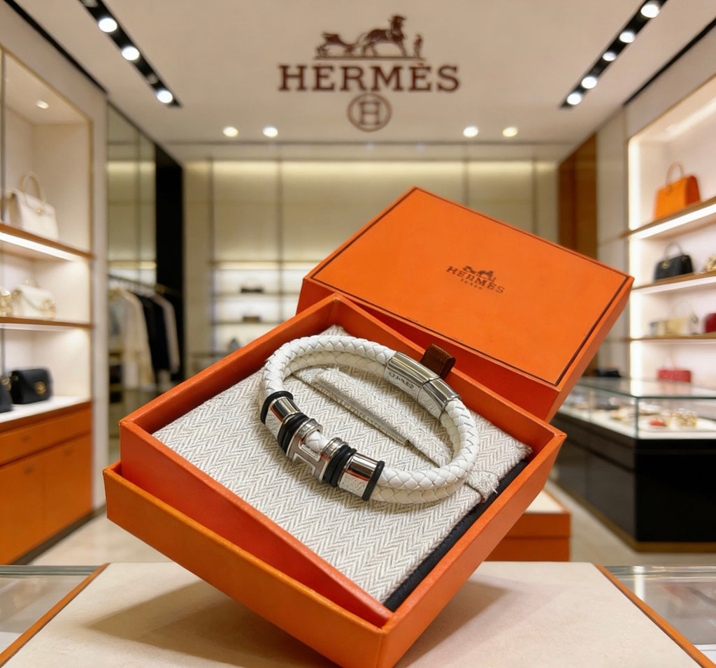 Hermès White Braided Leather Silver-Tone Bar Bracelet - album image 5