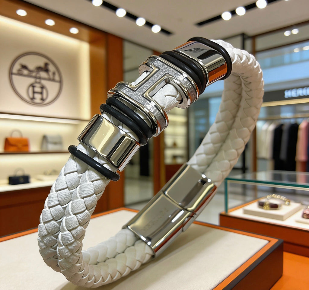 Hermès White Braided Leather Silver-Tone Bar Bracelet - album image 6