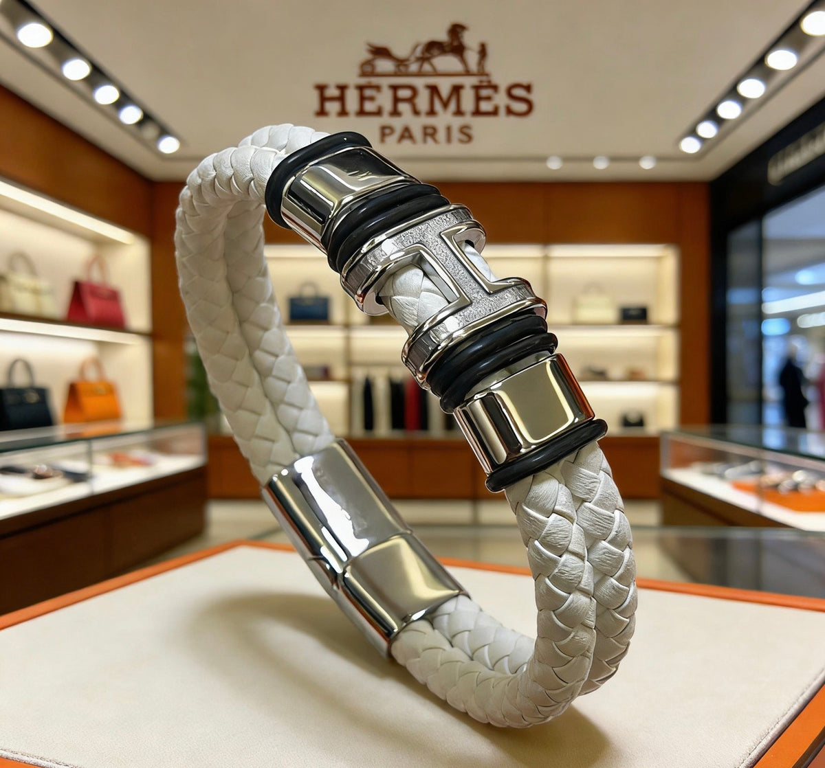 Hermès White Braided Leather Silver-Tone Bar Bracelet - album image 9