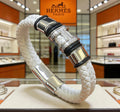 Hermès White Braided Leather Silver-Tone Bar Bracelet - album image 1