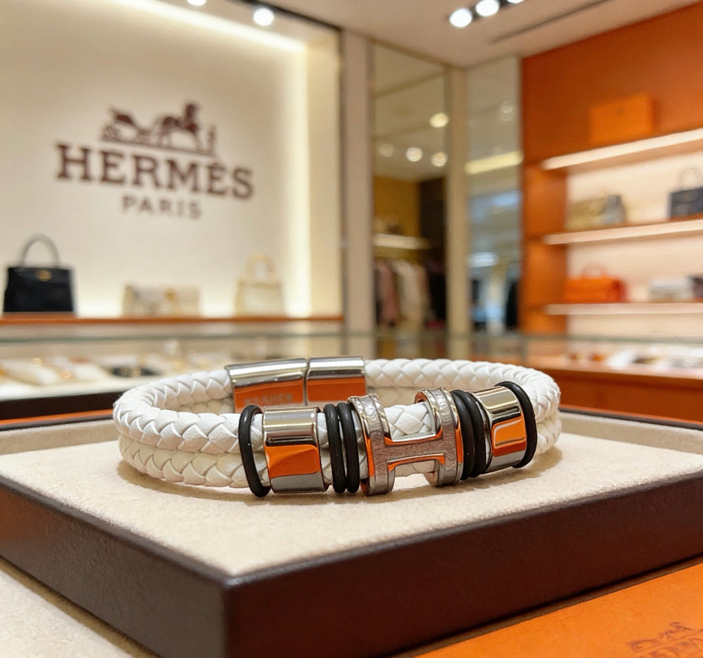 Hermès White Braided Leather Silver-Tone Bar Bracelet - album image 2