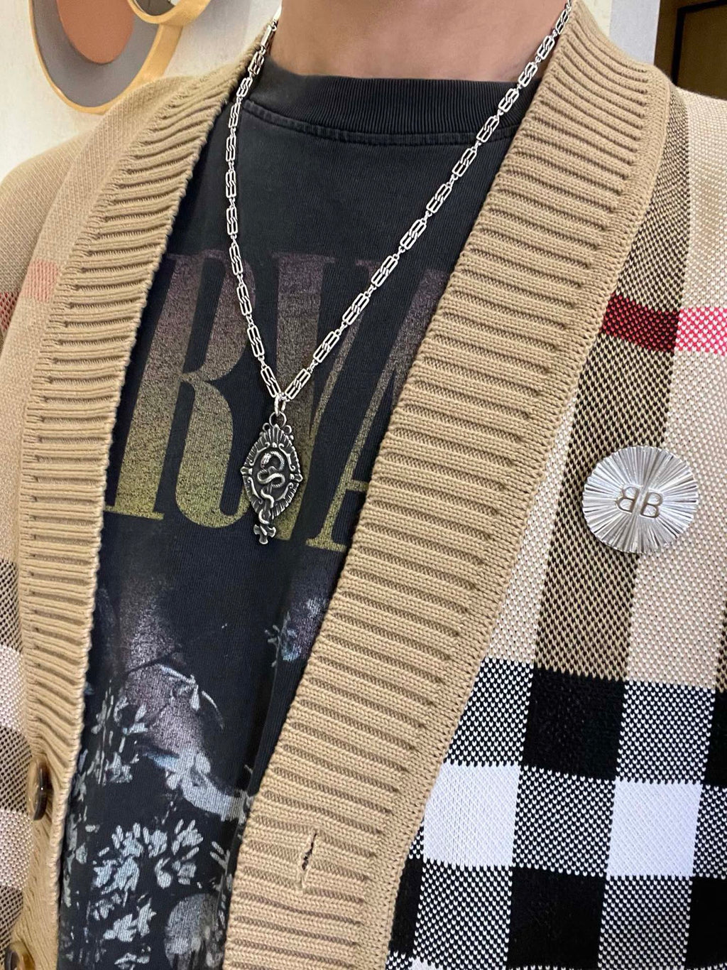 Balenciaga Silver-Tone Ornate Oval Pendant Necklace - album image 6