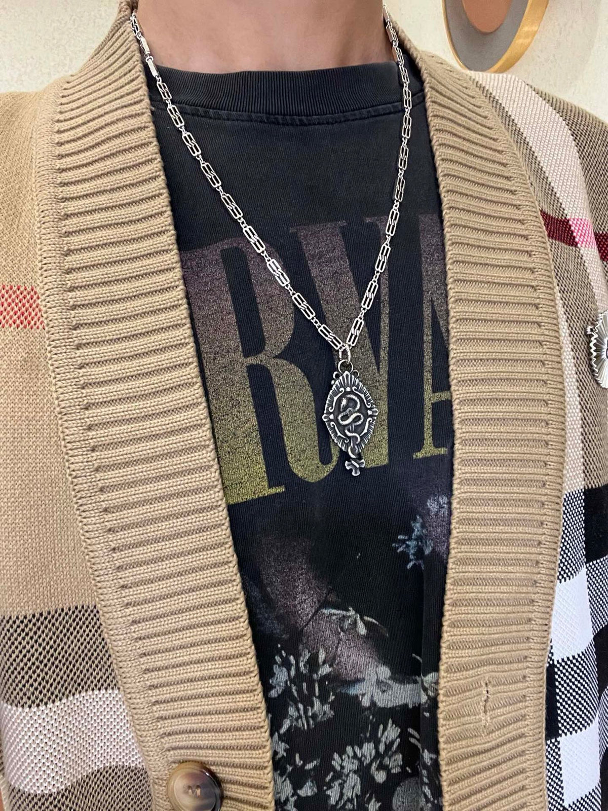 Balenciaga Silver-Tone Ornate Oval Pendant Necklace - album image 3