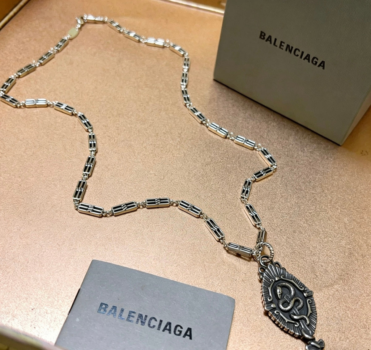 Balenciaga Silver-Tone Ornate Oval Pendant Necklace - album image 7