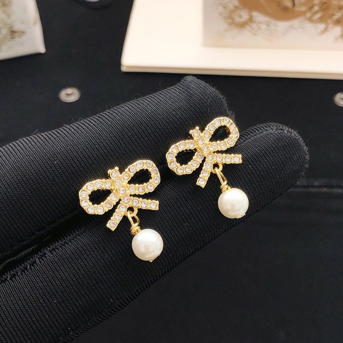 Dior Crystal Bow Pearl-Look Drop Earrings - product image 3