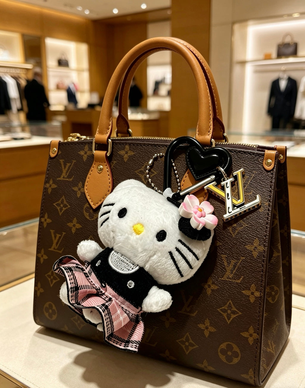 Louis Vuitton White Cat Keychain with Plaid Outfit - album image 6