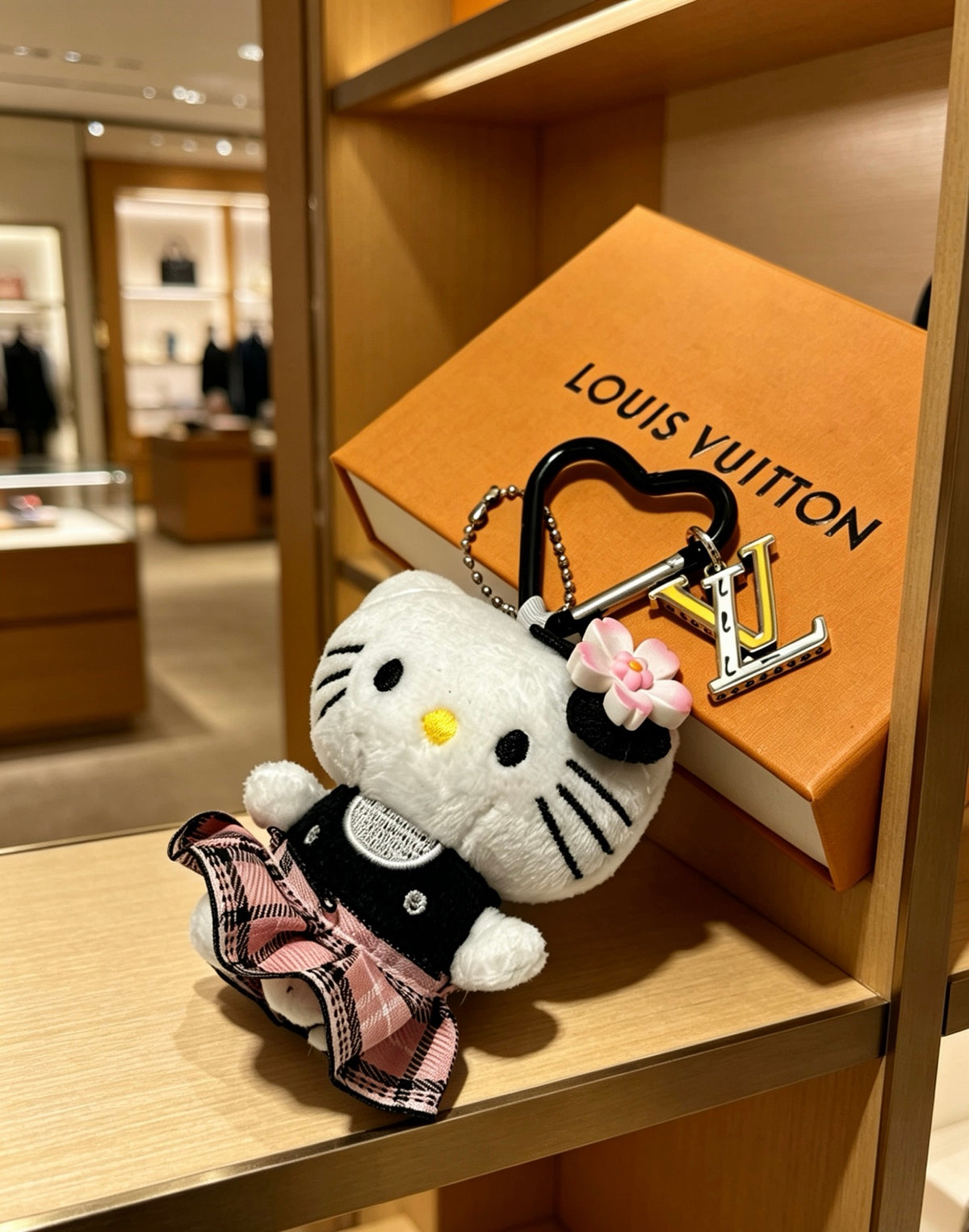 Louis Vuitton White Cat Keychain with Plaid Outfit - album image 4