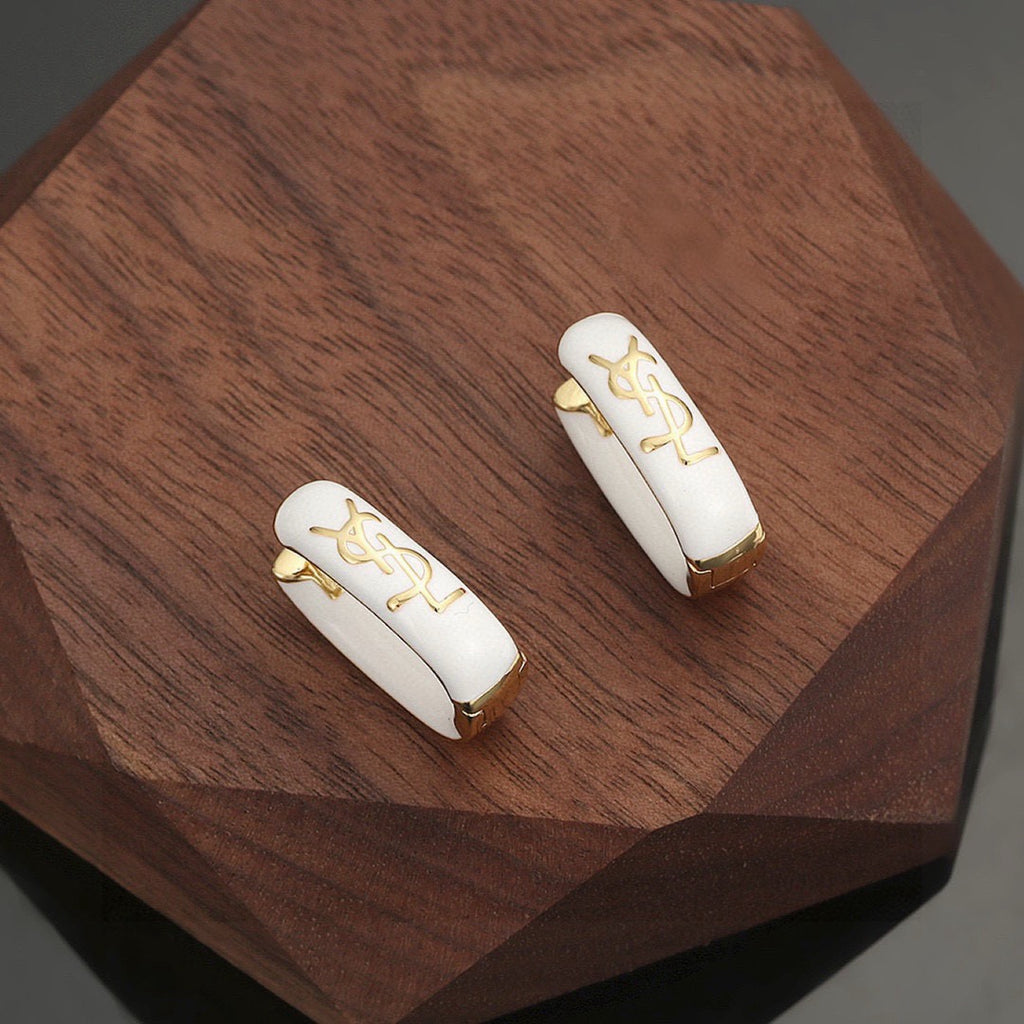 Saint Laurent White Enamel Gold-Tone Huggie Hoop Earrings - album image 2
