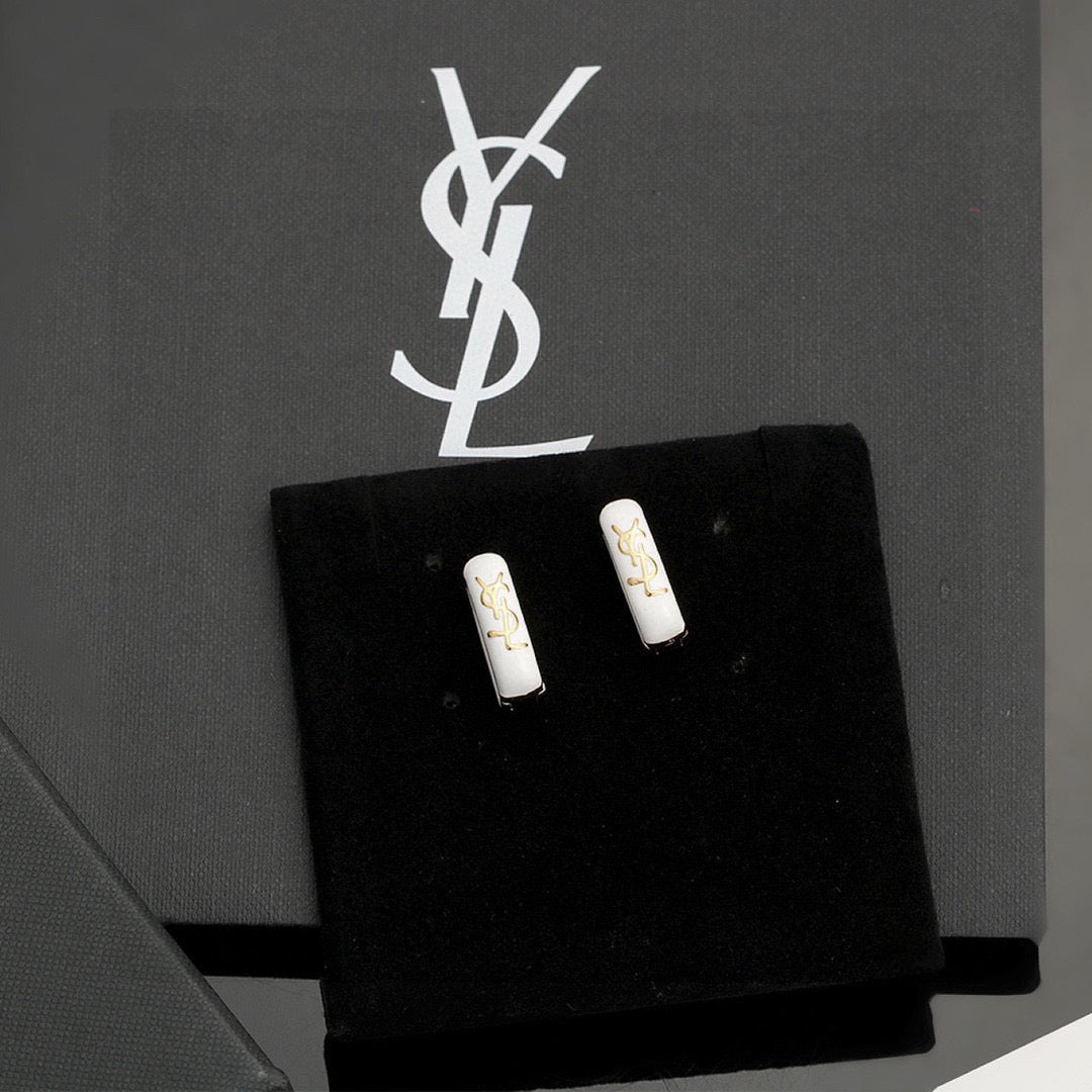 Saint Laurent White Enamel Gold-Tone Huggie Hoop Earrings - album image 3