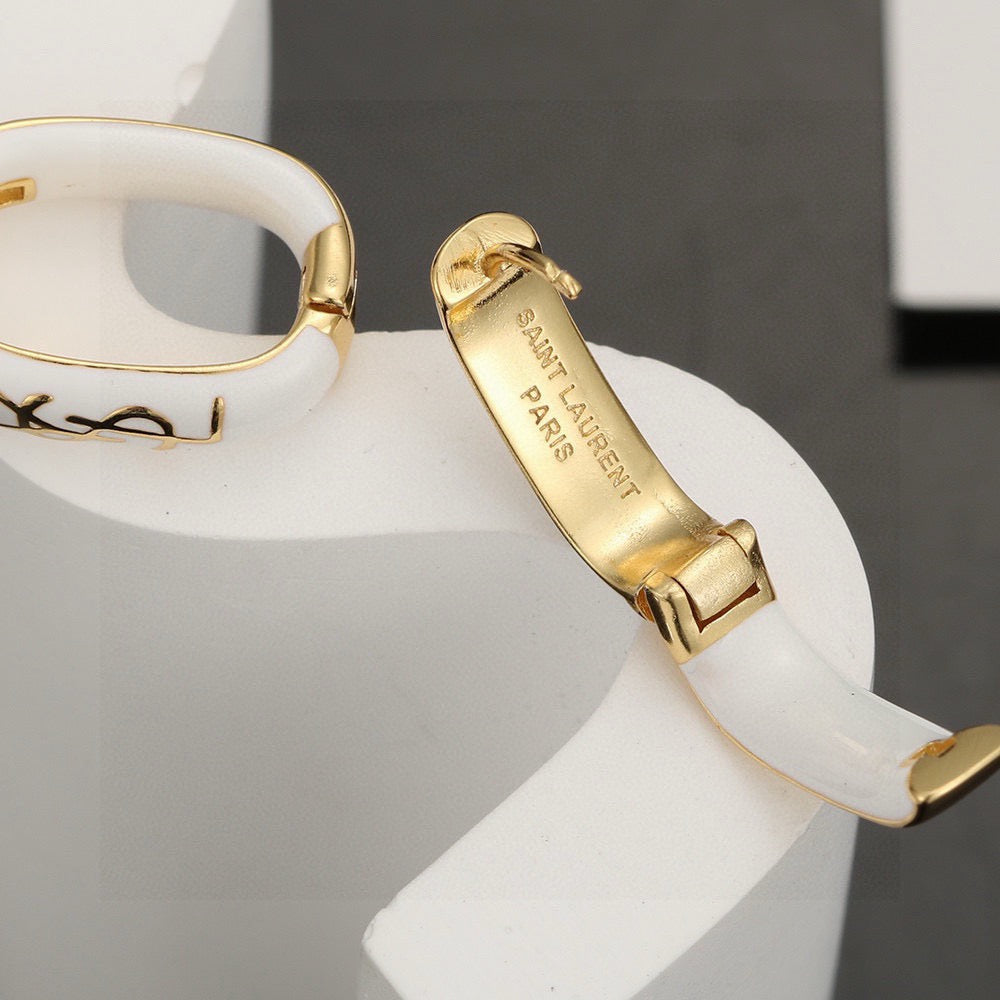 Saint Laurent White Enamel Gold-Tone Huggie Hoop Earrings - album image 4