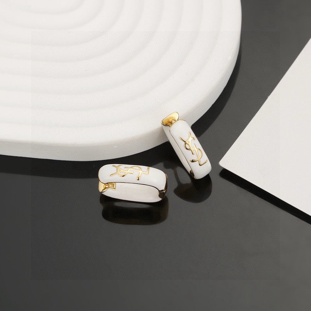 Saint Laurent White Enamel Gold-Tone Huggie Hoop Earrings - album image 1