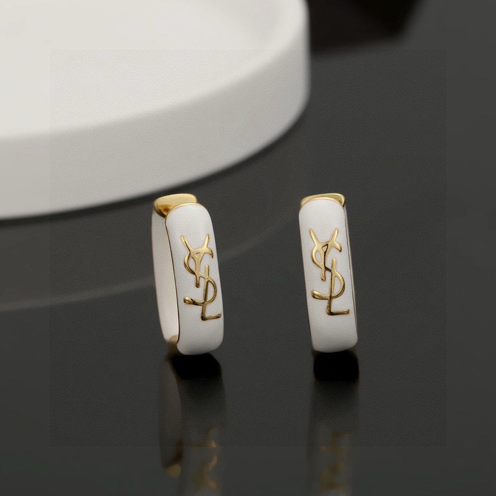 Saint Laurent White Enamel Gold-Tone Huggie Hoop Earrings - album image 5