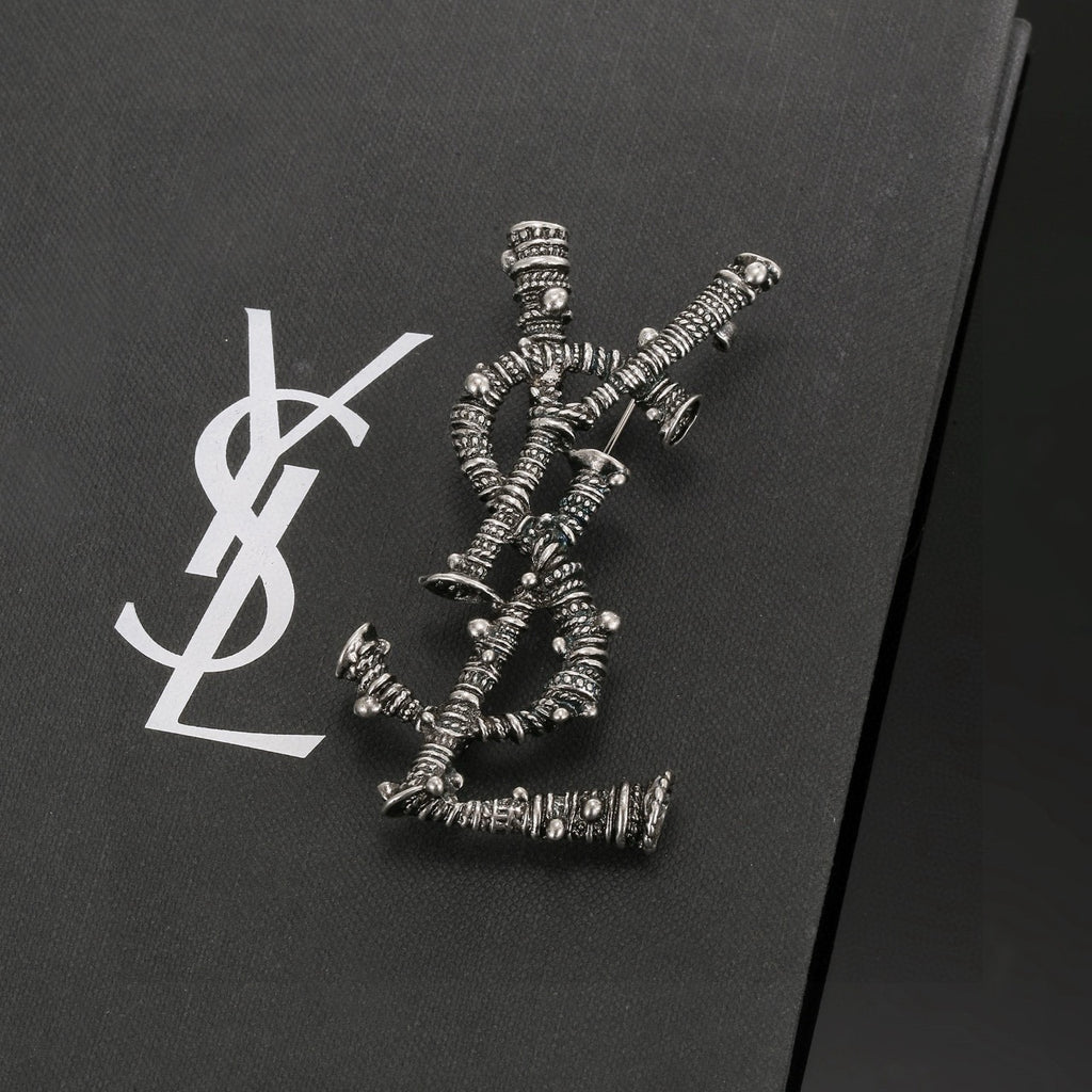 Saint Laurent Dark Silver-Tone Crystal Monogram Brooch - album image 5