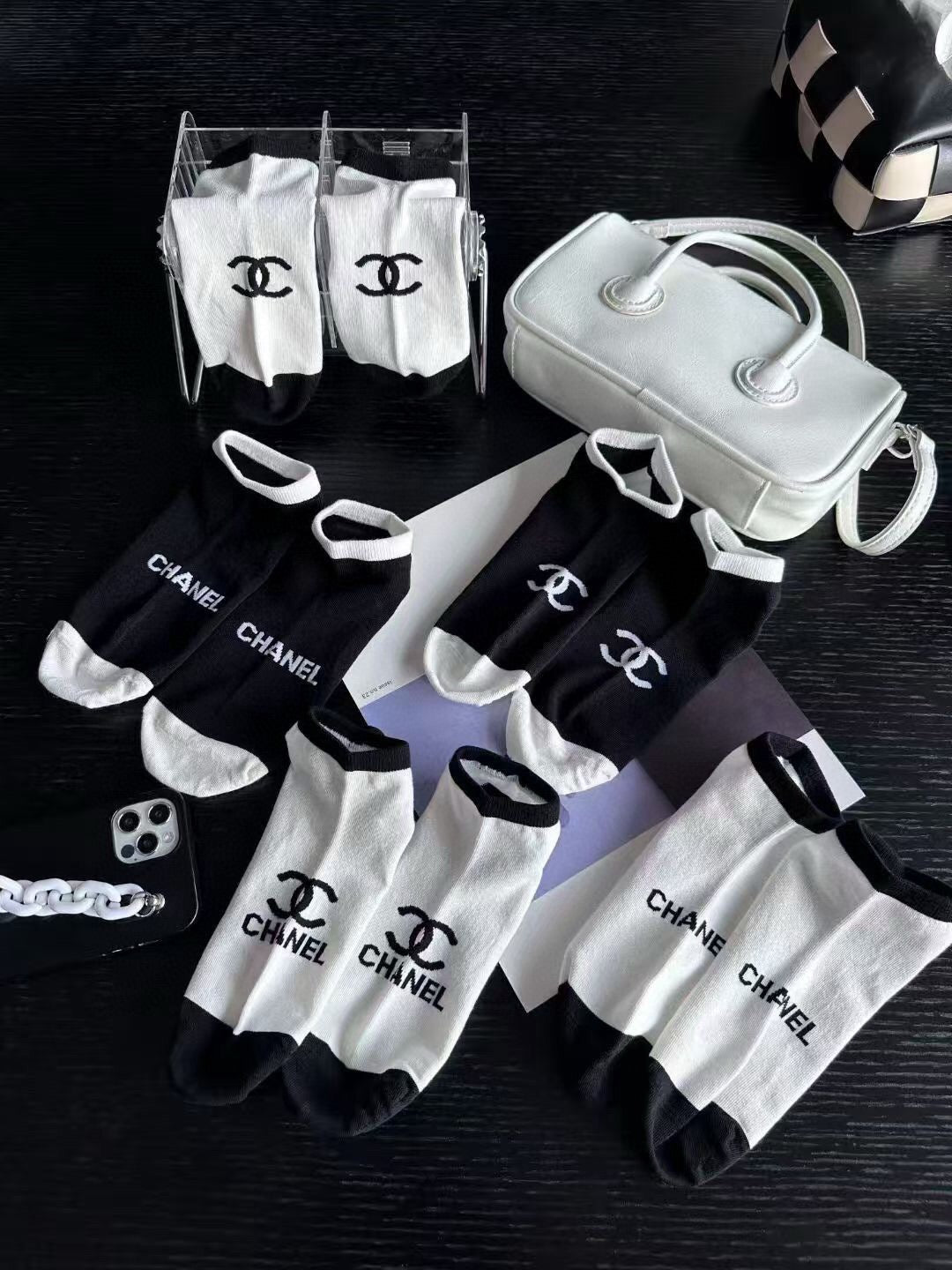 Chanel black contrast toe lettering ankle socks - view 2